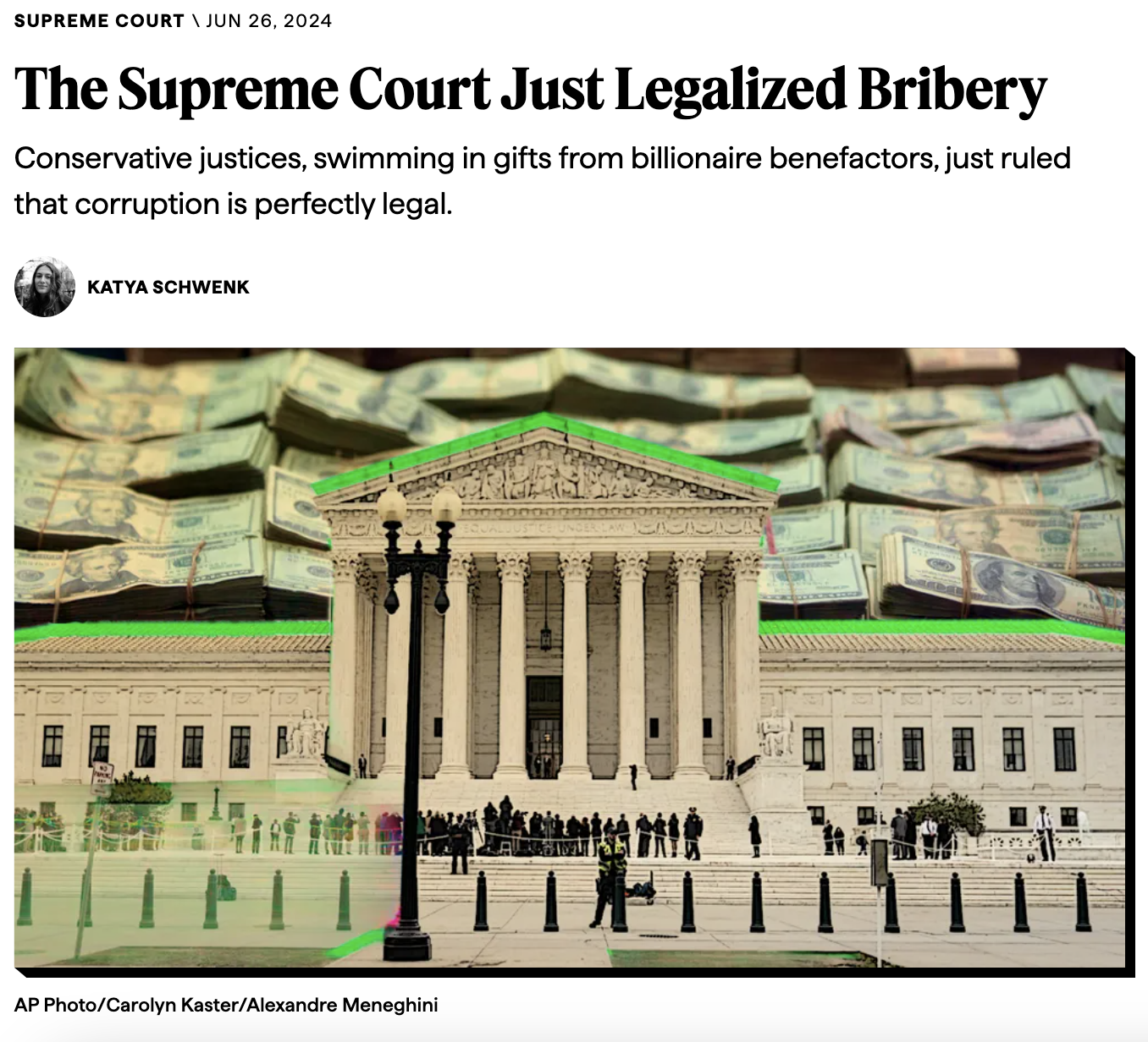 wonders of the world - Supreme Court The Supreme Court Just Legalized Bribery Conservative justices, swimming in gifts from billionaire benefactors, just ruled that corruption is perfectly legal. Katya Schwenk Ap PhotoCarolyn KasterAlexandre Meneghini
